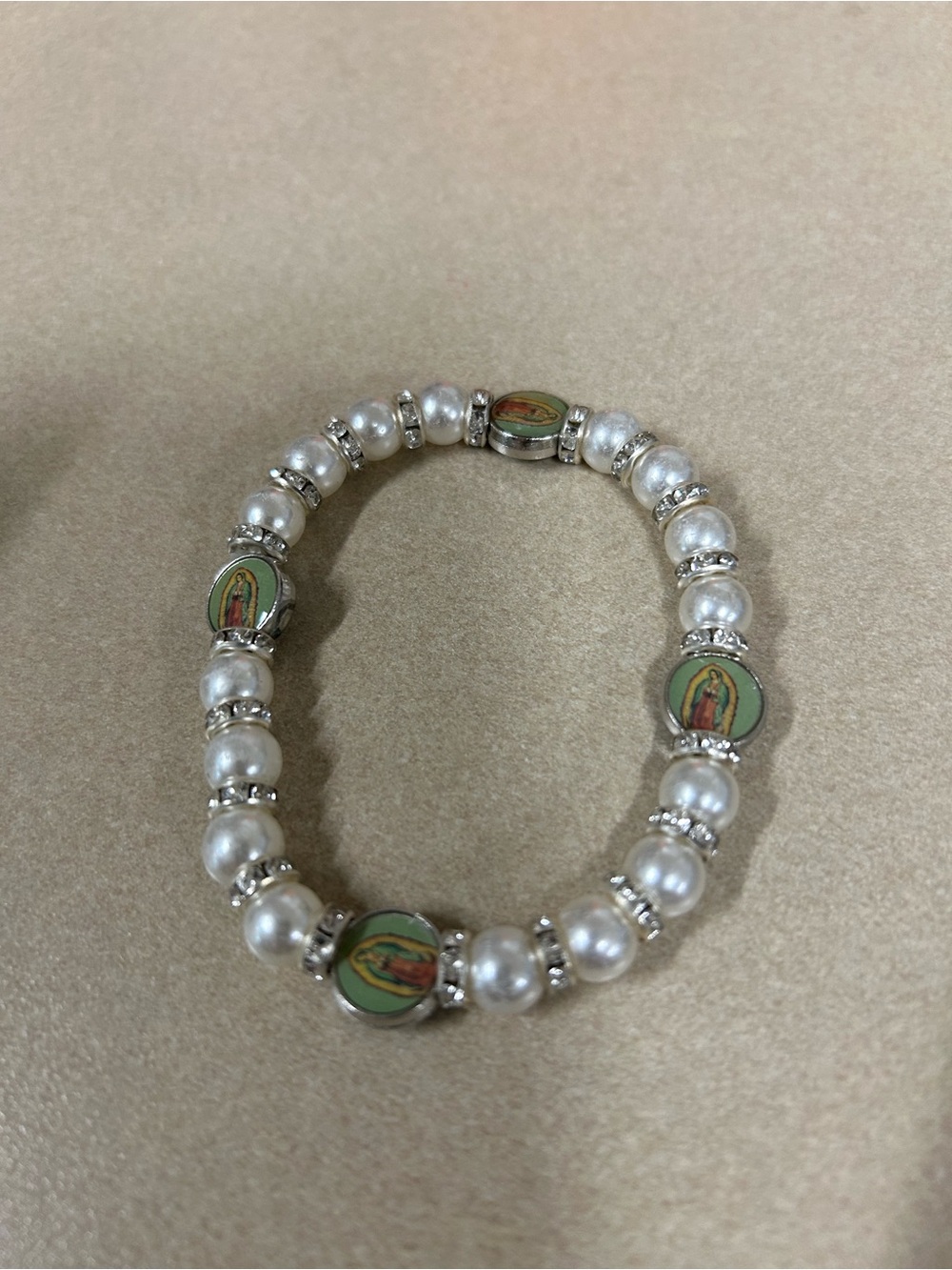 Synthetic Pearl Stretch Bracelet with Religious Medal Accents - White